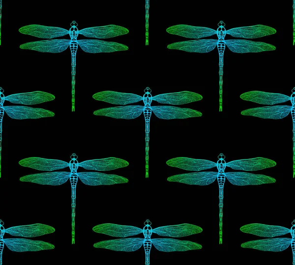 Vector Seamless Pattern Gradient Luminous Dragonfly Black Background Dragonfly Background — Stock Vector