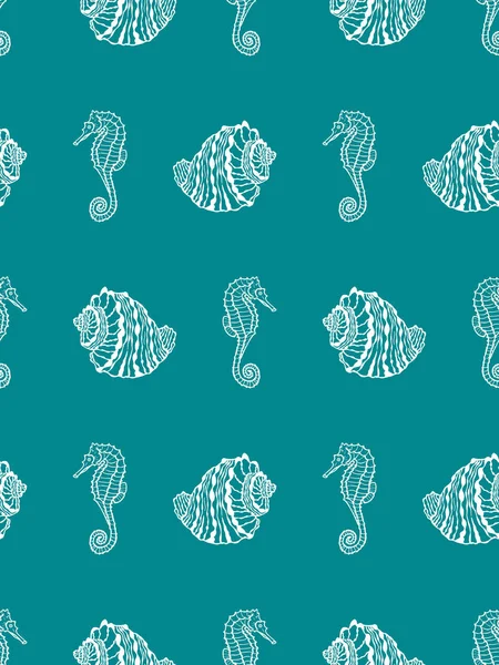 Vector Seamless Pattern White Seashell Seahorse Aquamarine Background Hand Drawn - Stok Vektor