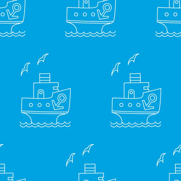 ベクトルシームレスなパターンの白い漫画船でアンカーとグル上の青の背景 — ストックベクタ