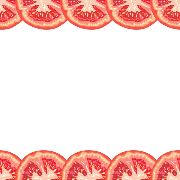 Borde Decorativo Sin Costuras Vectorial Rebanada Tomate Jugosa Sobre Fondo — Vector de stock