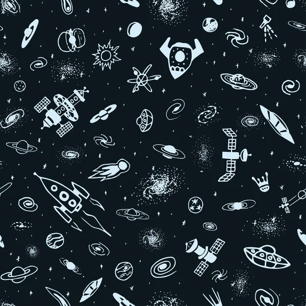 Vector Seamless Pattern Hand Drawn Doodle Space Object Universe Background — Stock Vector