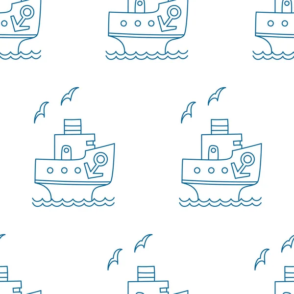 Vector Seamless Pattern Blue Cartoon Ship Anchor Chull White Background — стоковый вектор