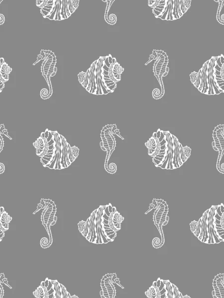 Modèle Vectoriel Sans Couture Coquillage Blanc Hippocampe Sur Fond Gris — Image vectorielle