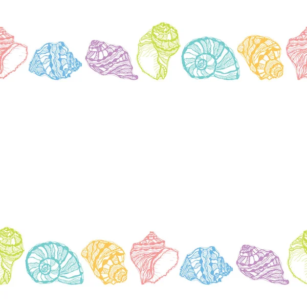白色背景上彩色贝壳的矢量无缝装饰边界 手绘草图软体动物海贝壳 — 图库矢量图片