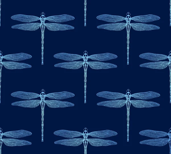 Vector Seamless Pattern Gradient Luminous Dragonfly Blue Background — Stock Vector