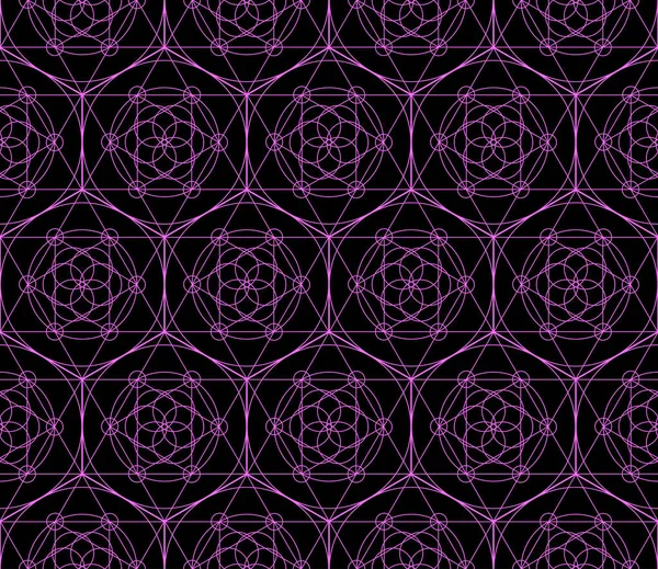 Siyah arkaplanda üçgen, altıgen, daire ve çiçek motifli neon kutsal geometri sembollerinin vektörsüz geometrik deseni