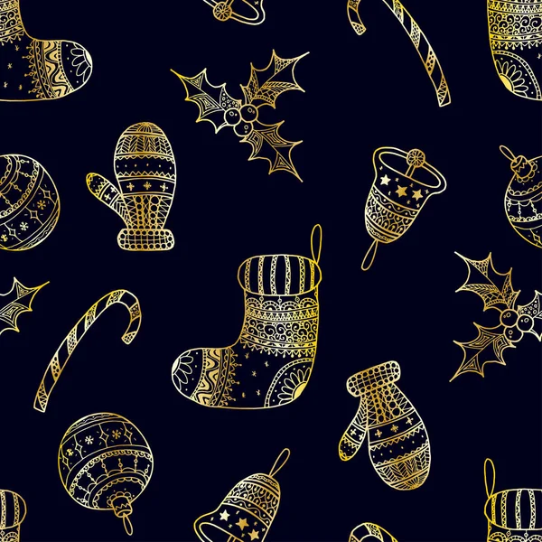 Vektor Nahtloses Muster Aus Goldenen Weihnachtsdekorationssymbolen Auf Dunklem Hintergrund Zuckerrohr — Stockvektor