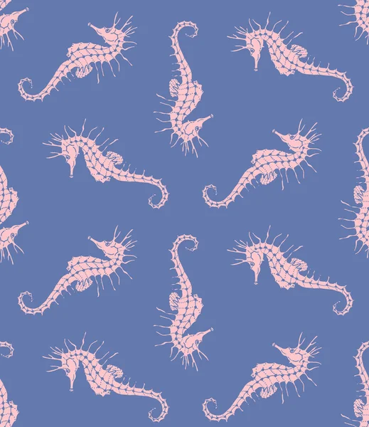 Vektornahtloses Muster Aus Rosa Seepferdchen Schablone Auf Blauem Hintergrund Seepferdchen — Stockvektor