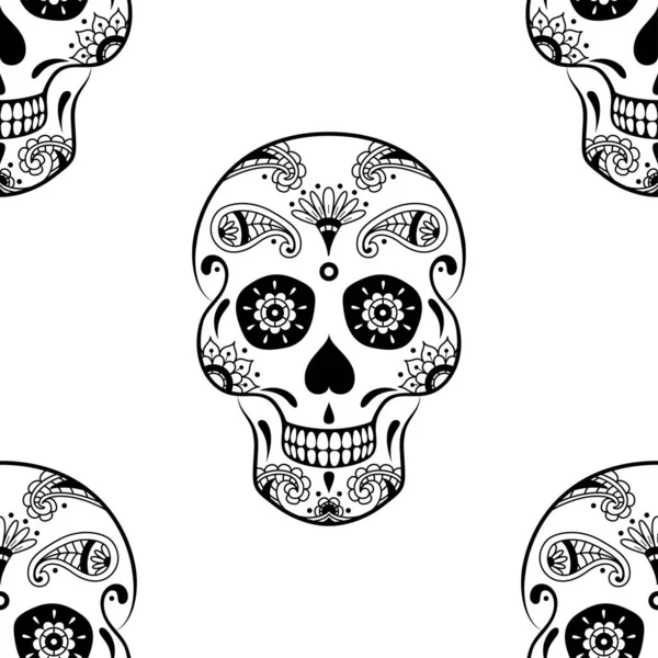Vector Seamless Pattern Black Sugar Skull Doodle Floral Pattern White — Stock Vector