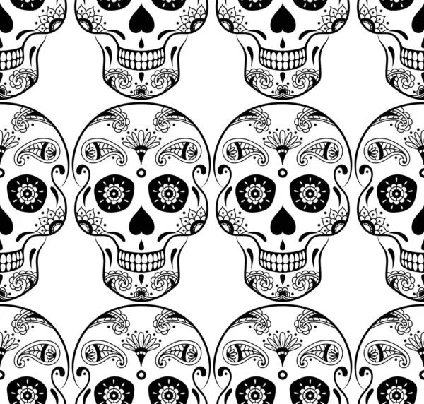 Vector Seamless Pattern Black Sugar Skull Doodle Floral Pattern White — Stock Vector