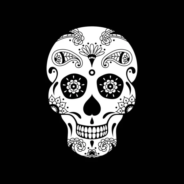 Vector White Sugar Skull Doodle Floral Pattern Black Background Illustration — Stock Vector