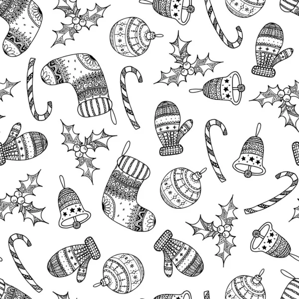 黒のクリスマスの装飾シンボルのベクトルシームレスなパターン 白い背景にキャンディー杖 木のボール ミトン ホリー クリスマスベル クリスマスハンドドローイングぬりえページブック — ストックベクタ