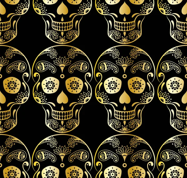 Vector Seamless Pattern Golden Sugar Skull Doodle Floral Elements Black — Stock Vector