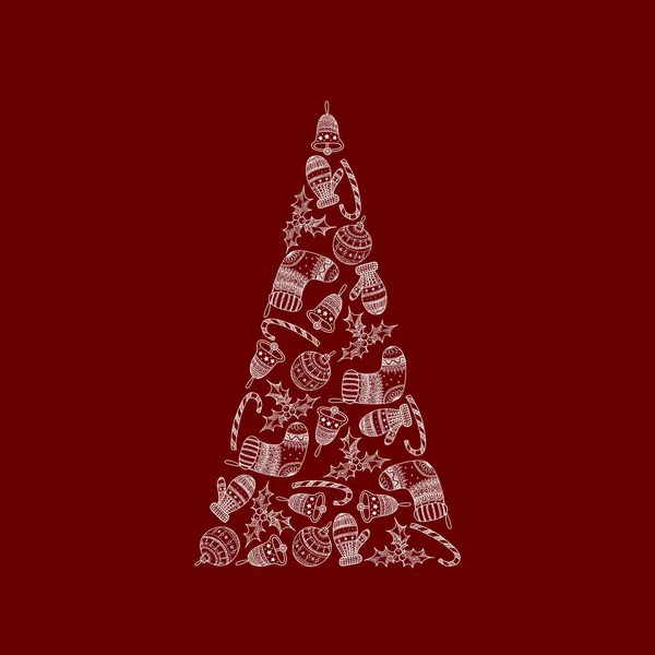 赤い背景に白いクリスマスのシンボルからベクトル装飾クリスマスツリー キャンディー杖 木のボール ミトン ホリー クリスマスベル クリスマスシンボル — ストックベクタ