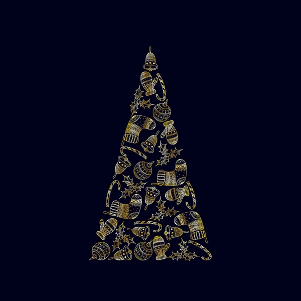 Векторная Декоративная Елка Золотых Рождественских Символов Темном Фоне Конфетка Елка — стоковый вектор