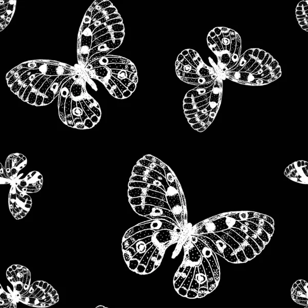 Vector Seamless Pattern White Hand Drawn Butterfly Black Background Parnassius — Stock Vector