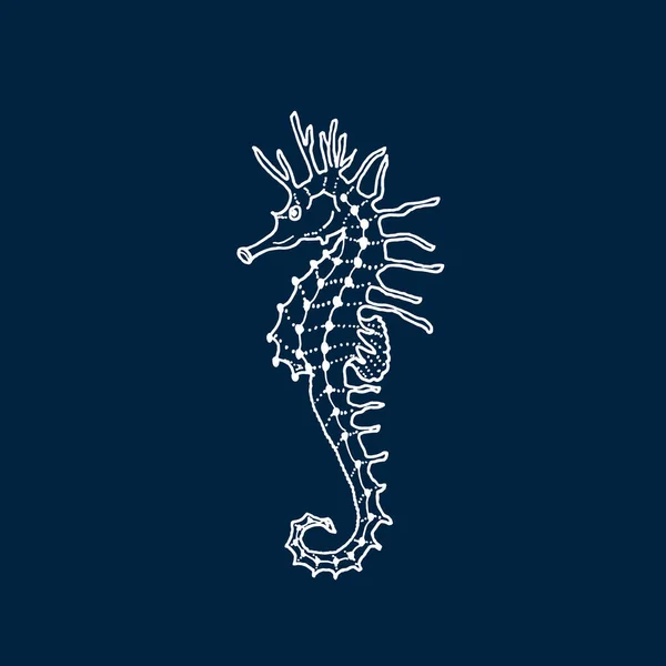 Векторна Ілюстрація Силуету Білого Морського Коня Темно Синьому Фоні Рука — стоковий вектор