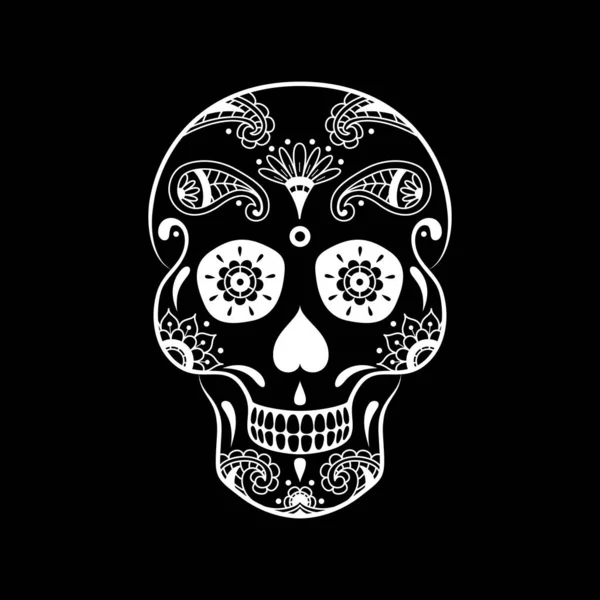 Vector White Sugar Skull Floral Pattern Black Background Illustration Mexican — Stock Vector