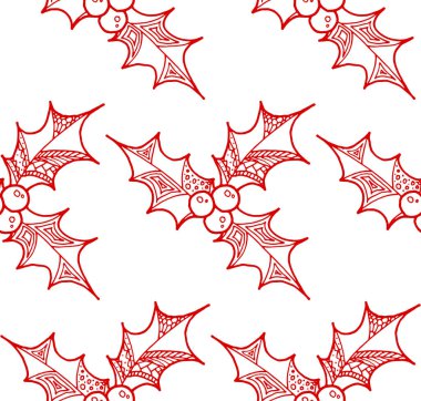 Noel dekoratif sembolü Holly 'nin kusursuz deseni. Beyaz arka planda kırmızı çobanpüsküllü Noel el çizimi