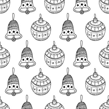 Siyah Noel dekoratif sembolünün kusursuz deseni Noel çanı, beyaz arka planda ağaç topu oyuncağı. Noel eli boyama sayfası arkaplanı