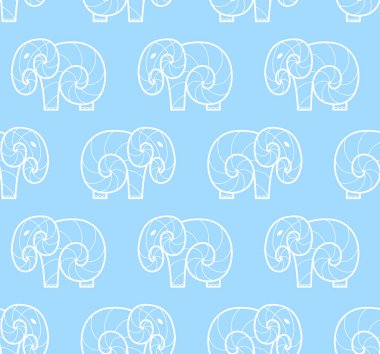 Mavi arka planda beyaz, sade bir fil deseni var. Çizgi tasarım fili