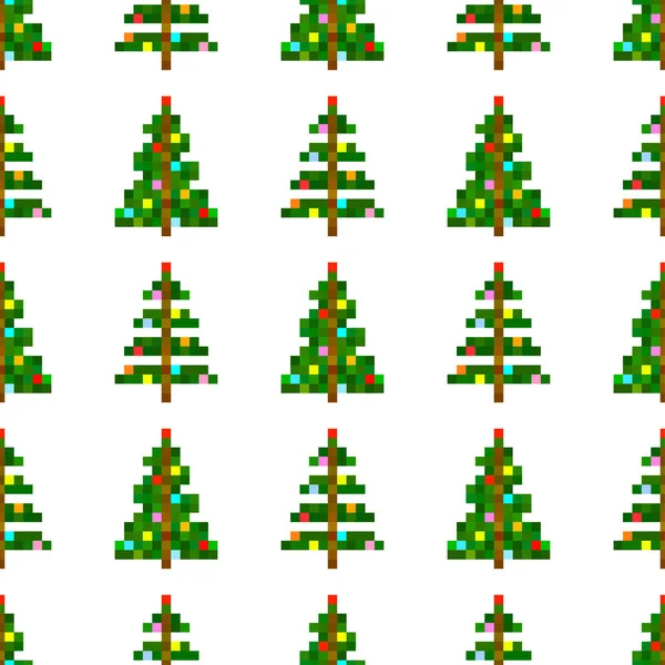 Vector Seamless Pattern Pixel Art Christmas Tree White Background — Stock Vector