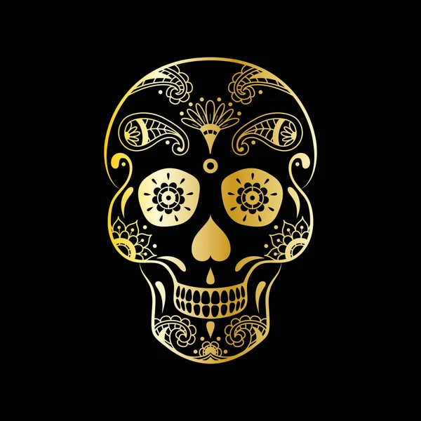 Vector Golden Sugar Skull Floral Pattern Black Background Luxury Illustration — Stock Vector