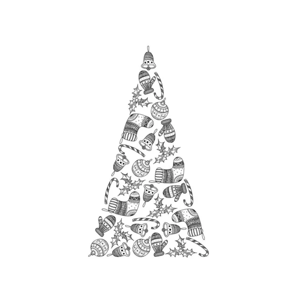 Arbre Noël Décoratif Vectoriel Symboles Noël Noirs Sur Fond Blanc — Image vectorielle