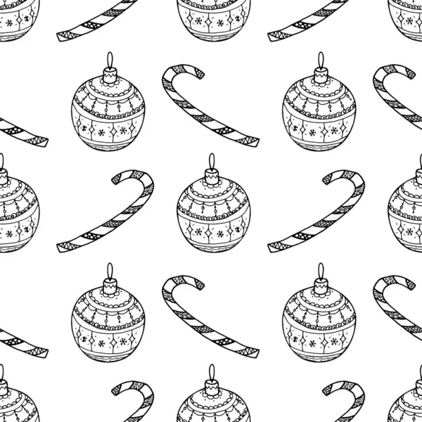 黒のクリスマスの装飾シンボルのベクトルシームレスなパターン 白地のキャンディー杖 木のボールのおもちゃ クリスマス手描きぬり絵ページの背景 — ストックベクタ