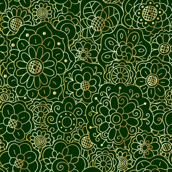 Vektör Dekoratif Altın Çiçekli Mandala Koyu Yeşil Arka Planda Kusursuz — Stok Vektör