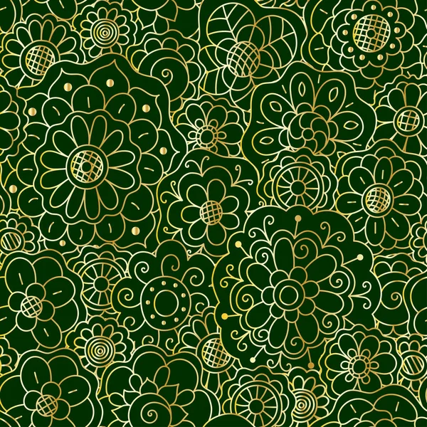 Vetor Decorativo Dourado Floral Mandala Sem Costura Padrão Fundo Verde — Vetor de Stock