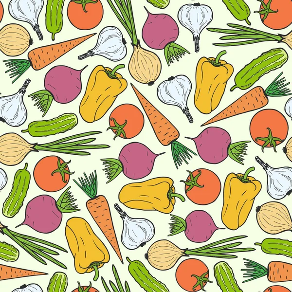 Modèle Sans Couture Légumes Carotte Vectorielle Ail Concombre Tomate Poivre — Image vectorielle