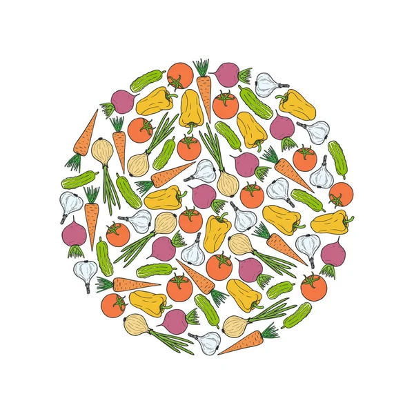 Illustrazione Vettoriale Cerchio Verdure Carota Aglio Cetriolo Pomodoro Cipolla Barbabietola — Vettoriale Stock