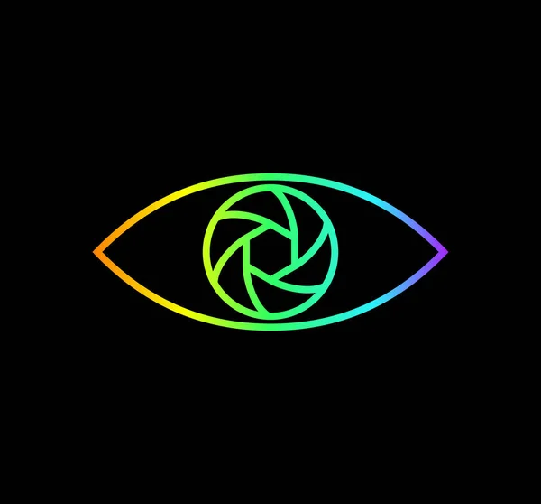 Fotoğraf Logosu Gökkuşağı Gradyan Gözü Çizgi Tasarımı Siyah Arkaplanda Parlak — Stok Vektör