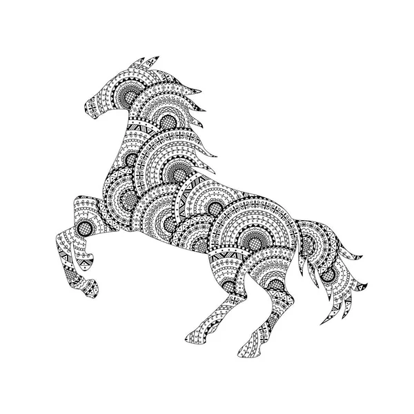 从黑白相间的曼德勒人的马轮廓的矢量图解 成人动物抗压着色书 — 图库矢量图片