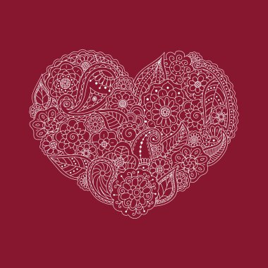 Burgonya arka planında çiçek karalama elementlerinin beyaz kalbinin vektör çizimi. Davetiye, Sevgililer Günü için tebrik kartı, düğün. Aşkın sembolü
