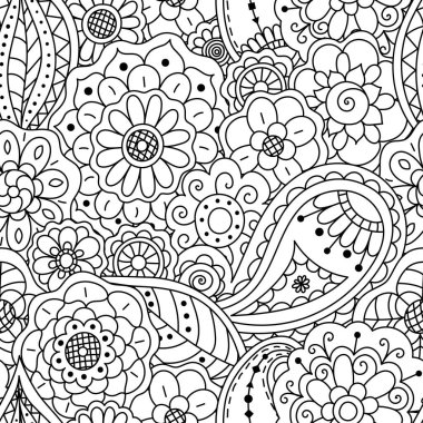 Çiçek karalama elementlerinin vektörsüz deseni. Yetişkinler için boyama sayfası.