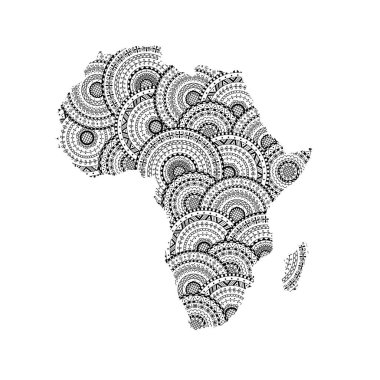 Afrika 'nın vektör silueti ve Madagaskar haritası siyah beyaz mandalalardan. Yetişkinler için boyama sayfası anti-stres.