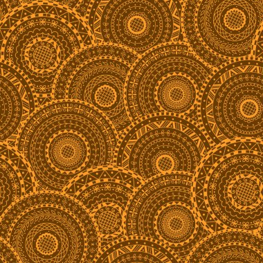 Soyut ve soyut mandalalardan oluşan kusursuz bir model. Daire mandalasının turuncu dekoratif arka planı.