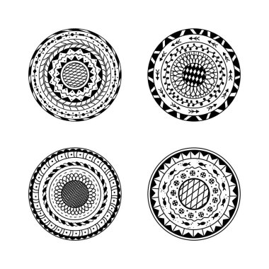 Dört mandalalı vektör seti. Etnik dekoratif yuvarlak süs. Yetişkinler için boyama sayfası