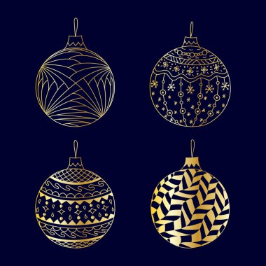 Vektör el çizilmiş Noel oyuncağı seti. Koyu mavi arka planda altın Noel oyuncağı