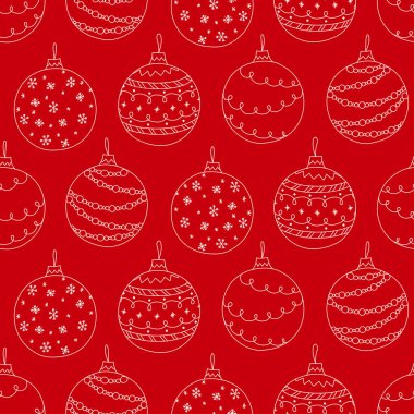 Kırmızı arka planda beyaz Noel oyuncağı çizilmiş kusursuz el izi.