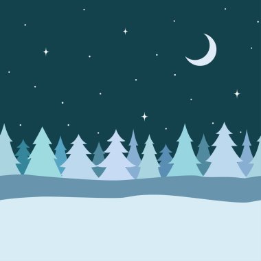 Kış çam ağacından, köknar ağacından, kardan, yıldızlı ve aylı gece gökyüzünden vektörsüz dekoratif sınır.