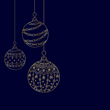 Üç altın Noel oyuncağının Noel davetiyesi. El çizimi Noel ağacı topu oyuncakları