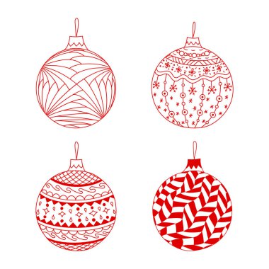 Kırmızı el vektör seti çizilmiş Noel topu oyuncağı.
