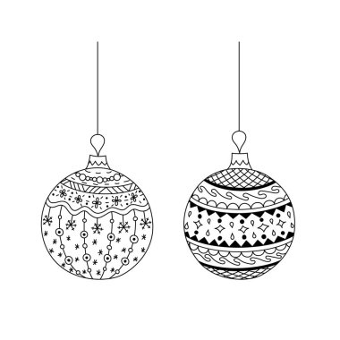 Vektör eli iplikle çizilmiş Noel topu oyuncağı. Yılbaşı boyama sayfası 