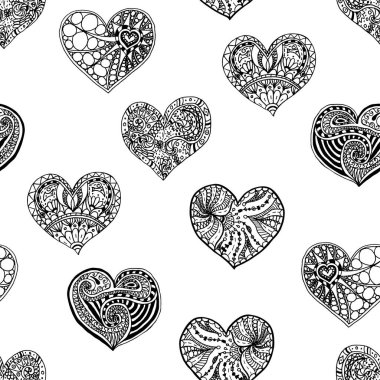 Elle çizilmiş kalplerden kusursuz bir örnek. Sevgililer Günü için siyah beyaz dokular. Yetişkinler için boyama kitabı. Tatil arkaplanı