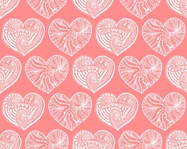 Karalama elle çizilmiş kalpten kusursuz bir örnek. Pembe arka planda beyaz kalpler. Sevgililer Günü için arka plan. Aşkın sembolü. Zentangle tarzında kalp.