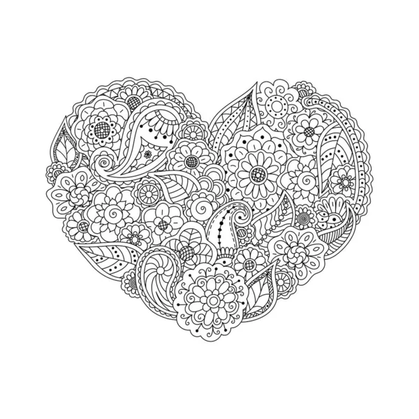 Coeur Vectoriel Éléments Floraux Doodle Fond Floral Coloriage Livre Page — Image vectorielle