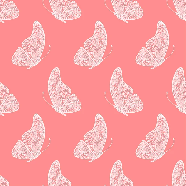 Vector Seamless Pattern Hand Drawing Doodle Butterflies Pink Background — Stock Vector